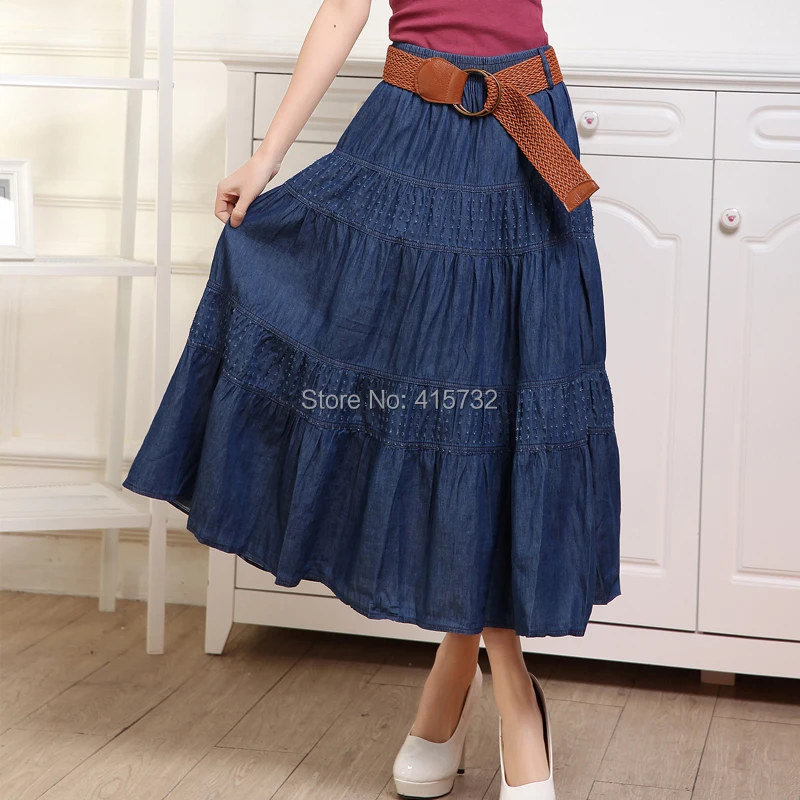 Free Shipping 2023 New Fashion Plus Size Denim Summer Jeans Long Maxi With Hole Elasitc Waist Blue A-line Pleated Skirts