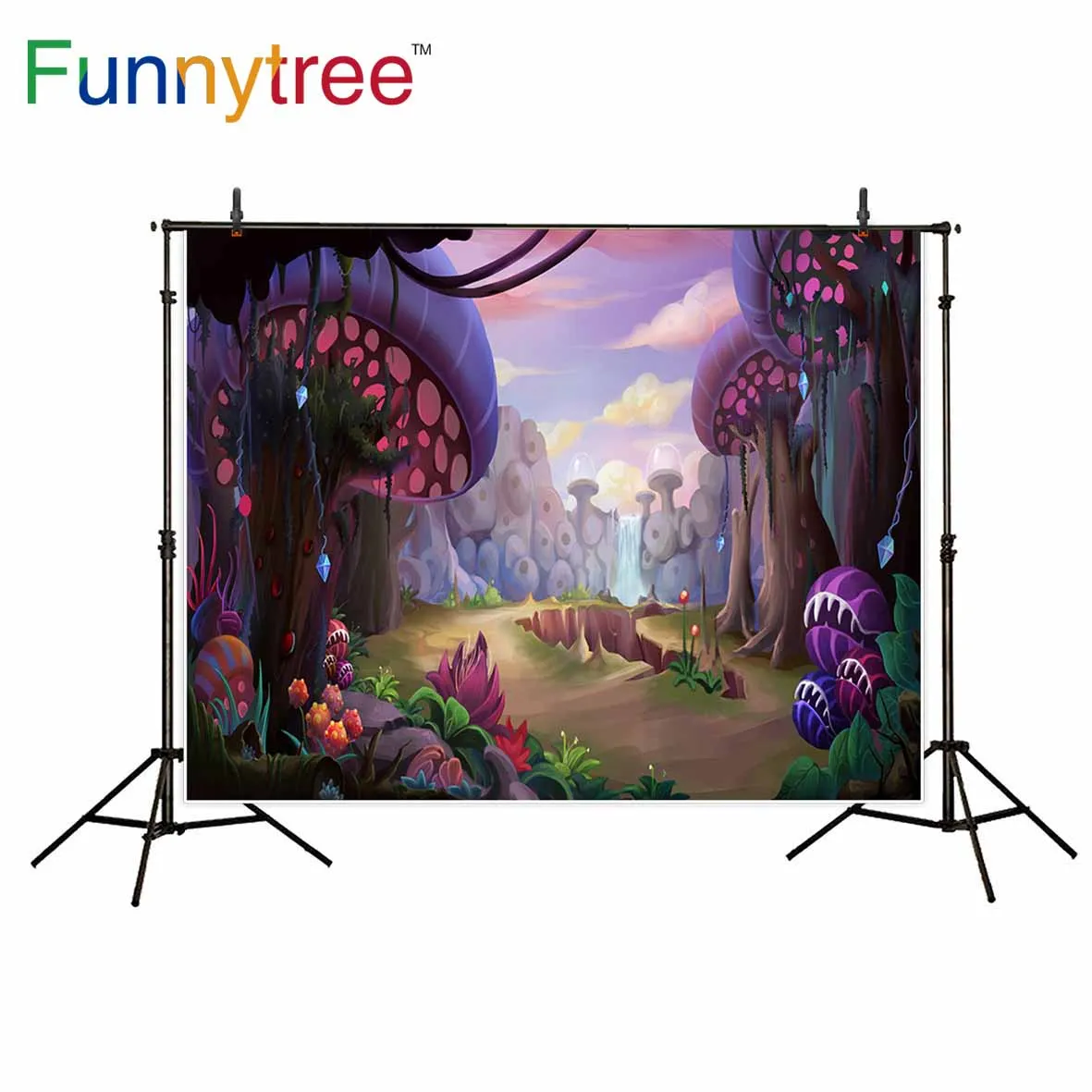 Funnytree photo background Mushroom tree city valley with waterfall cartoon style wonderland for kids decoration a photo decor