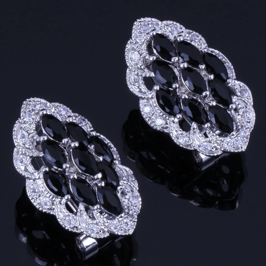 Delightful Marquise Black Cubic Zirconia White CZ Silver Plated Clip Hoop Huggie Earrings V0885