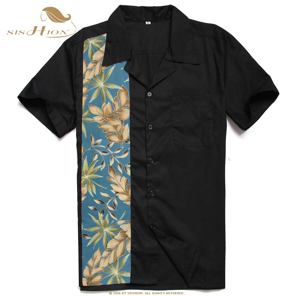 

SISHION Vintage Hawaiian Banana Leaf Print Men Shirt ST110 Short Sleeve Black Cotton Vintage Retro Dress Shirt camisa social