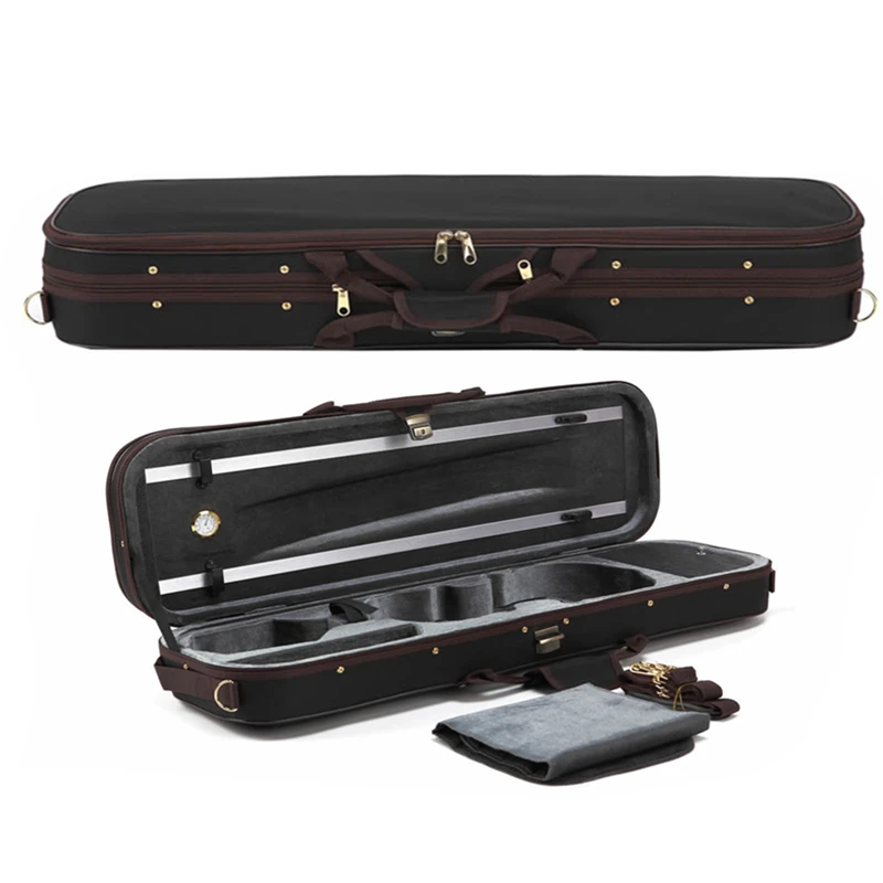 

High Grade Pleuche Rectangle Violin Case 4/4 w/ Hygrometer Black Oxford Violino Case