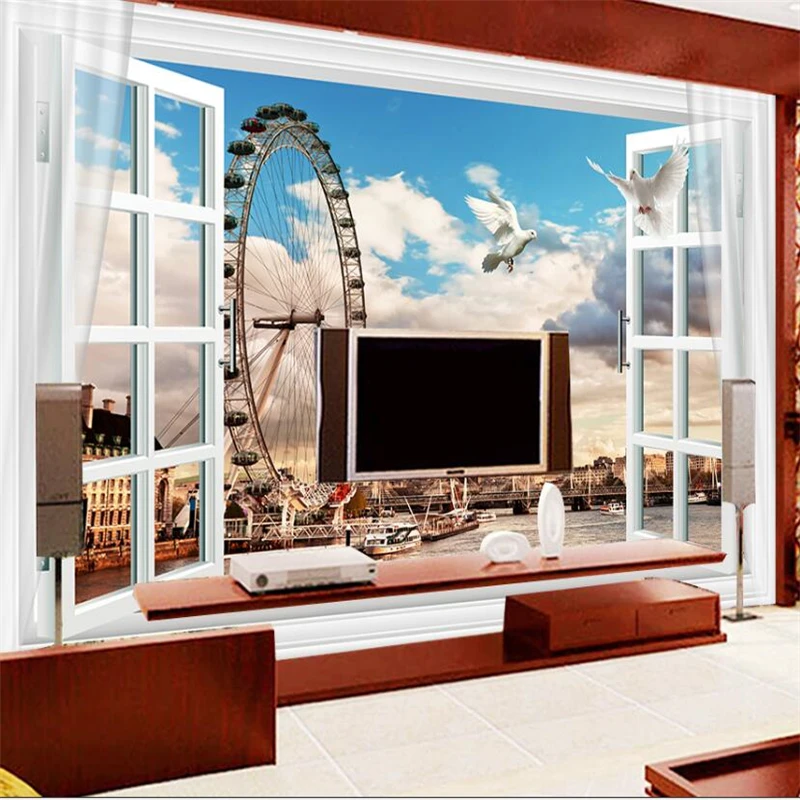 wellyu Windows Ferris Wheel London, England Big Ben 3D TV Wall Custom Large Mural Green Wallpaper papel de parede para quarto