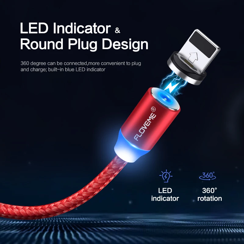 FLOVEME 1M/2M LED Magnetische Kabel, micro USB Kabel Typ C Magnet Ladegerät 2A Geflochtene Telefon Kabel für iPhone Xr Xs X Samsung usb c