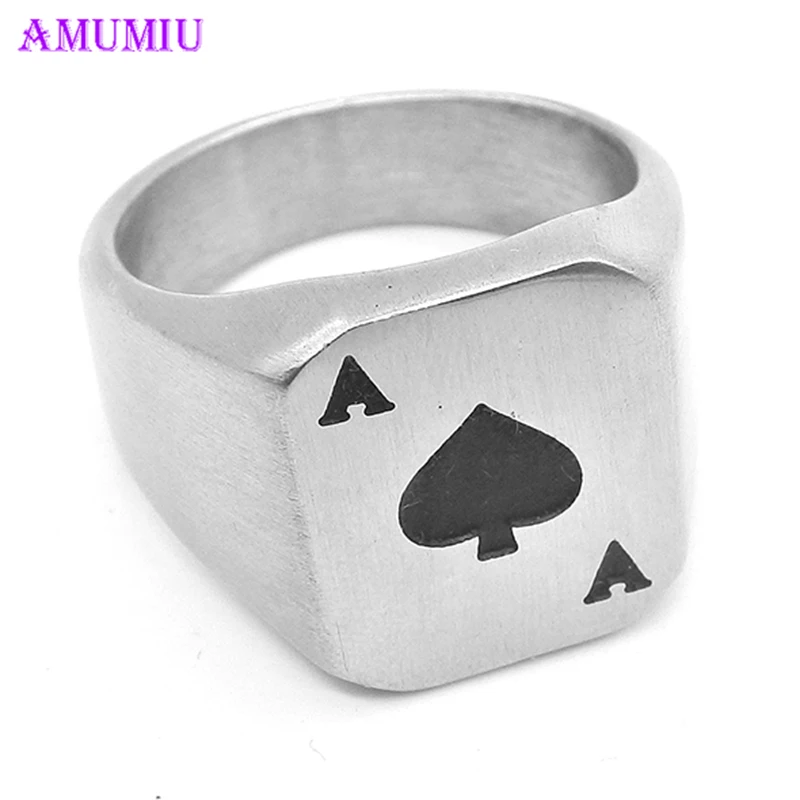 AMUMIU Poker Ring Men Spade Rings Factory Price 316L Stainless Steel Jewelry Lucky Ring with Black Ace of Spades Poker Card R026