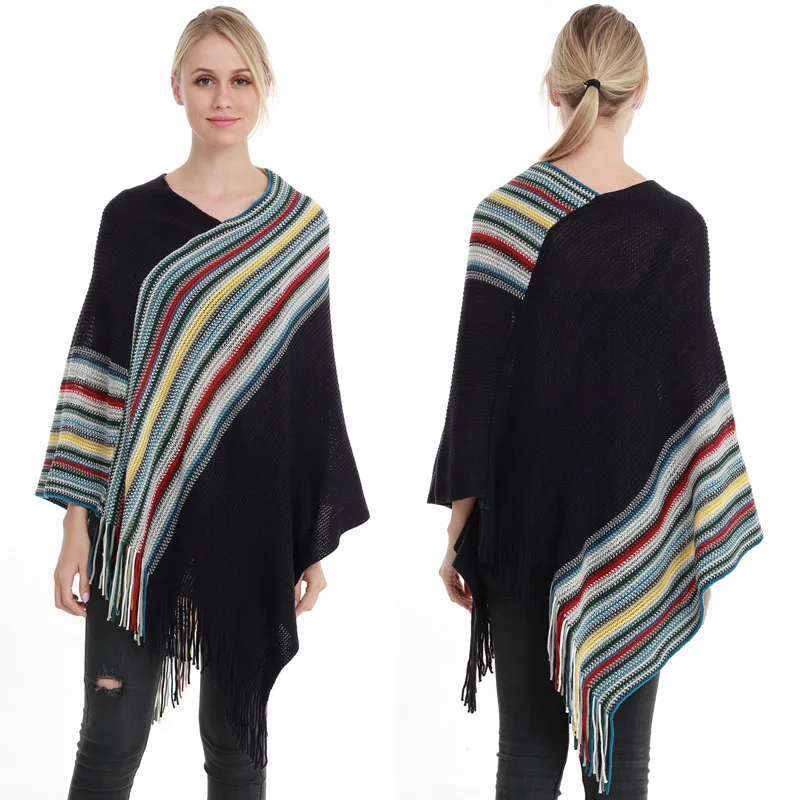 New Arrive Fashion Women Poncho Tassel Sweater Plaid Stripe Pulloer Knitted Women Sweaters And Pullovers