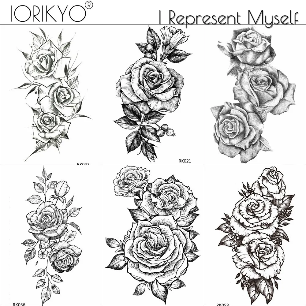 IORIKYO Black Bracelet Flora Temporary Tattoo Stickers Women Body Art Flower Water Transfer Arm Tatoo Girls Fake Rose Tattoo