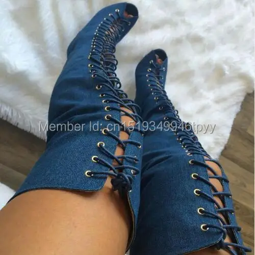 LTTL Hot Selling Sexy Women Suede Lace-up Thigh High Boots Peep Toe Cut-out Strappy Gladiator Heels Over the Knee Autumn Boots