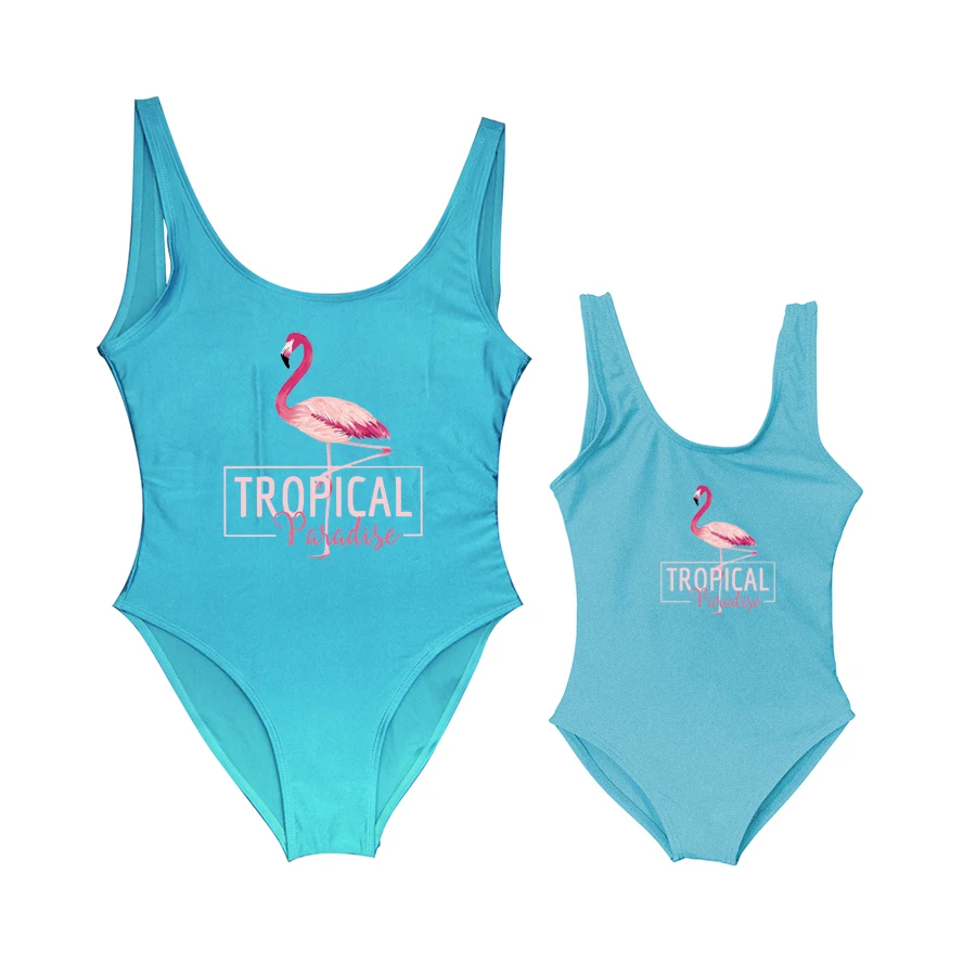 Mom And Children Daughter Flamingo Tropical Paradise Cute One Piece Swimsuit Women Baby Girl Swimwear Bathing Suit Swimsui