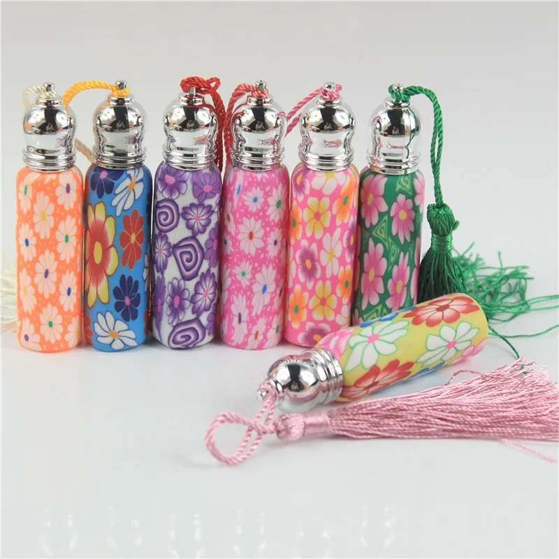 100pcs/lot 6ml&10ml Roll on Glass Essential Oil Bottle Applicator Polymer Clay Stained Decoration Metal Cap with Tassel