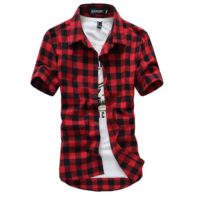Czerwono-czarna koszula w kratę męska, koszule męskie 2026 nowa letnia moda, chemise homme, męskie koszule w kratę, koszula z krótkim rękawem męska, bluzka męska.