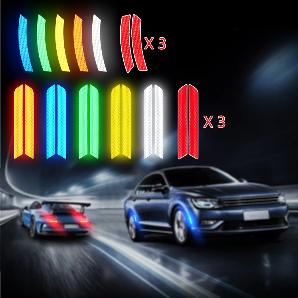 Car Trunk Tail Safety Warning Reflective Tape Strip  Night Driving Safety Secure Wheel Eyebrow Decor Luminous Car Stickers 12pcs