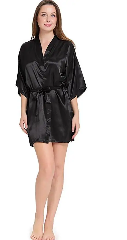 Sexy Silk Satin Night Kimono Robe Short Bathrobe Perfect Wedding Bridesmaid Bride Robes Solid Dressing Gown For Women