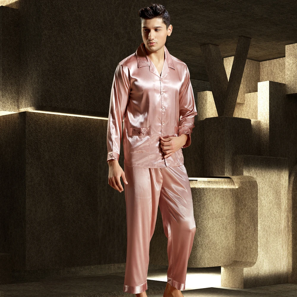 Brand Satin Silk Men Pajamas Luxurious Embroidery Sleepwear Long-Sleeved Pyjama Sets High Quality Casual Home Wear 3315