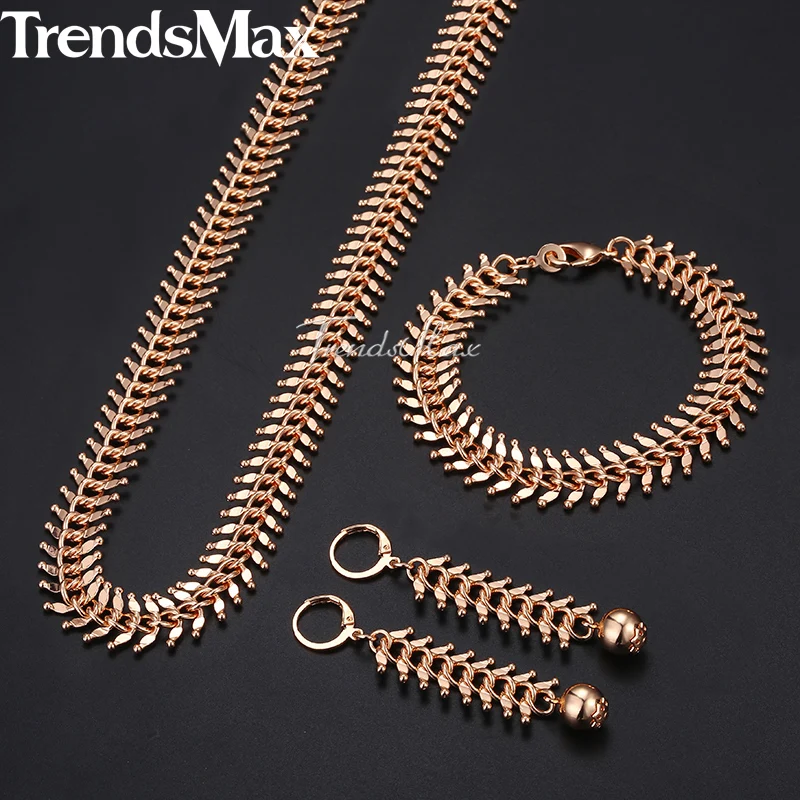 585 Rose Gold Link Chain Necklace Bracelet Earrings For Women Girls Party Wedding Jewelry Set  CSM01
