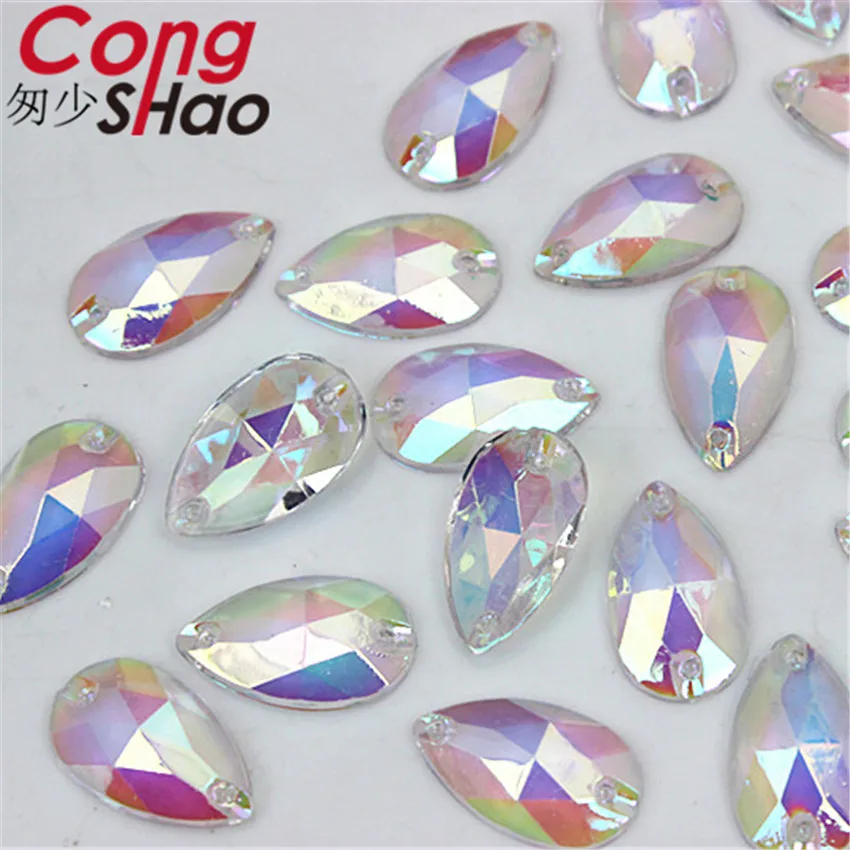 Cong Shao 100 Pz 11*18mm AB Colorato Goccia flatback pietre e cristalli Acrilico Strass da cucire 2 Fori DIY Pulsante costume CS640