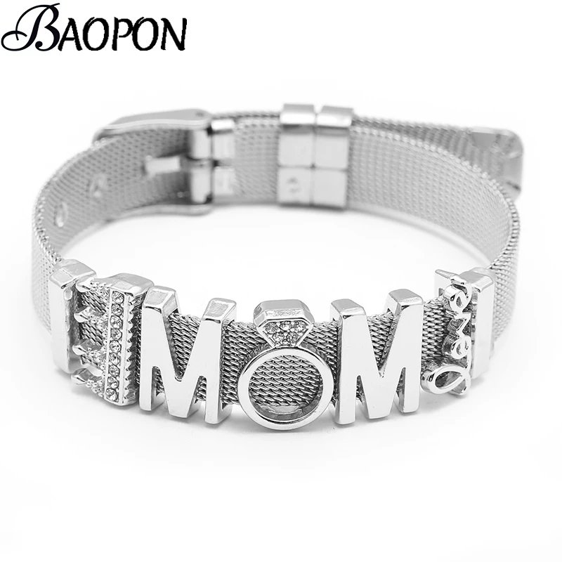 BAOPON Jewelry The Perfect Match Mesh Bracelet Set with LOVE MOM Charms Beads Fine Stainless Steel Beacelet Bangles Mom Gift