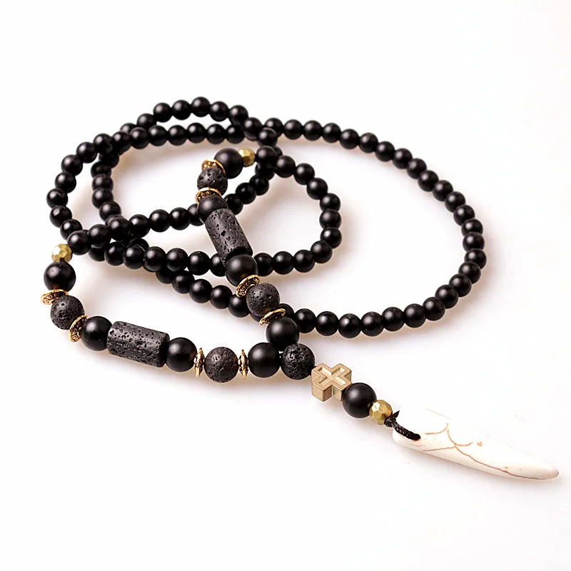 New Design Black BLava Stones Bead with Hematite cross charm pendant necklace Men\'s Bead Necklace