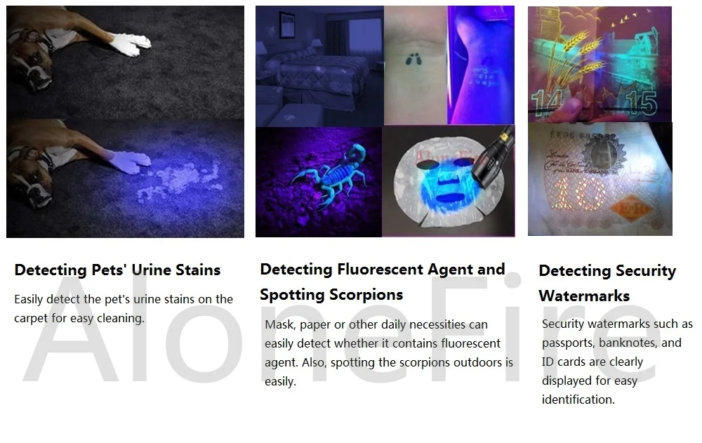 Zoom UV-LED-Taschenlampe, 365 nm, 395 nm, unsichtbare Tinte, Marker, Katze, Hund, Urin, Tinea, Erz, Geld, Skorpion, Fluoreszenzlicht, Verwendung AAA 18650 – Detail 5