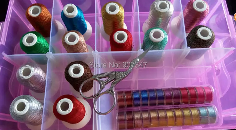 High grade combination with metallic & polyester & rayon & glow & bobbin thread + free shipping total 82pcs with plastic box