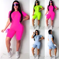 Women Casual Slim Pants Set Tracksuit 2 Pcs Short Sleeve Round Neck Tops T-shirts and Fitness Shorts Suit Summer Sports Work Out