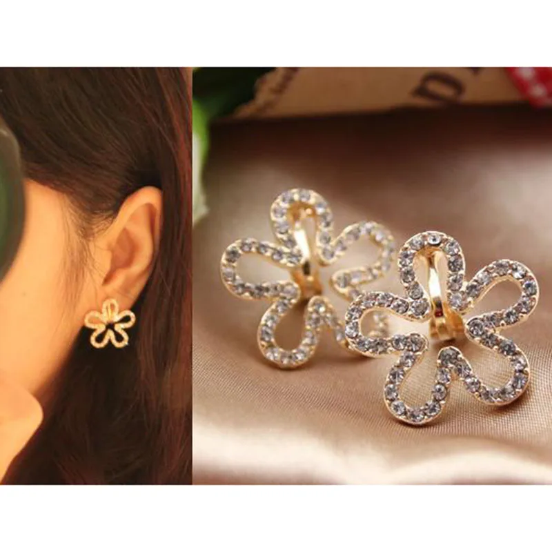 JIOFREE Korea Style Five petals Shape Rhinestone Clip on Earrings Without Piercing for Girls Party Cute Lovely No Hole Ear Clip