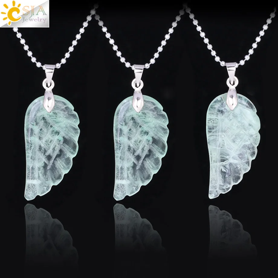 CSJA Green Fluorite Jewelry Natural Crystal Stone Carved Angel Wing Pendant Necklaces for Men Women Fashion Jewellery Lover F295