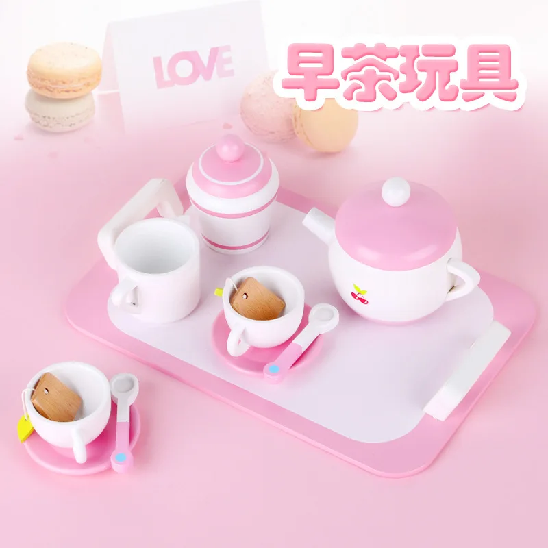 Children's wooden kitchen simulation toys mini coffee tea set DIY wooden afternoon tea children's toys boys and girls gifts