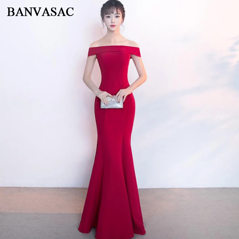 

BANVASAC Boat Neck Mermaid Lace Embroidery Long Evening Dresses 2018 Short Sleeve Sequined Zipper Back Party Prom Gowns