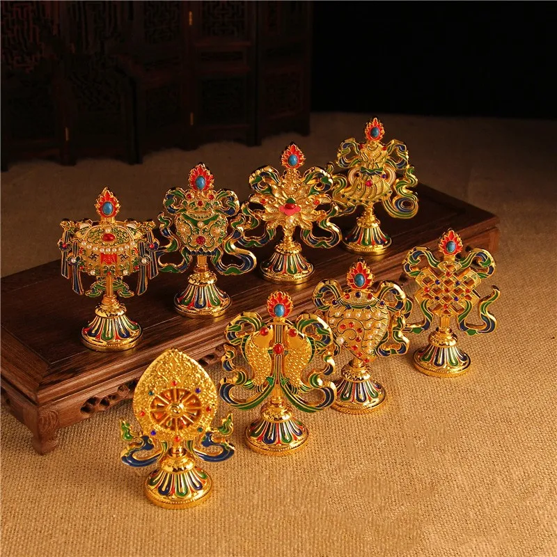 Gorgeous Colorful Carving Eight Mascots High Grade Tibetan Tantric Buddhist Ritual Instruments Alloy Painted Decorative Craft