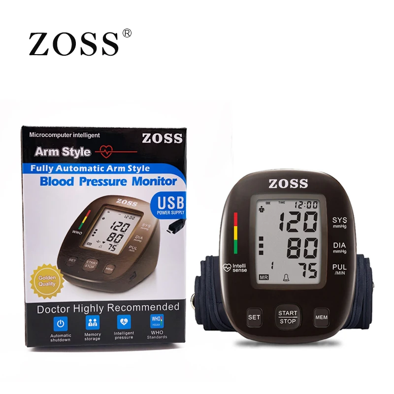 ZOSS latest models English or Russian Voice German chip LCD upper arm blood pressure monitor heart beat instrument tonometer