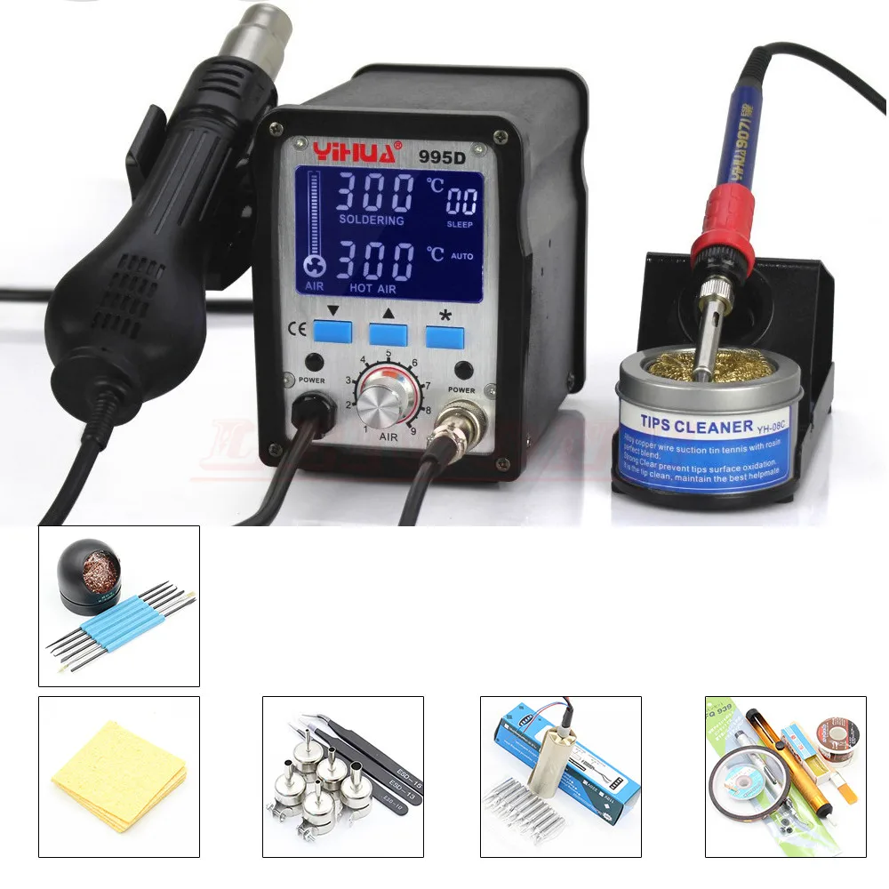 

YIHUA 995D 220V 2 in 1 Hot Air Rework Solder Soldering Station Heat Gun SMD Rework Station With Soldering Iron