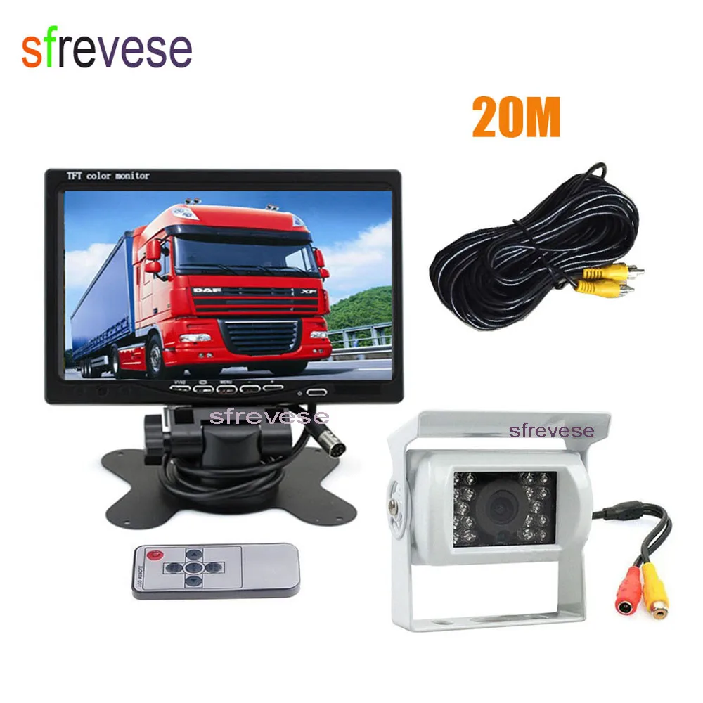 

7" LCD Monitor + Waterproof 18 IR Night Vision Car Rear View Kit Reverse Parking Backup Camera 20m Cable for Bus Truck Motorhom