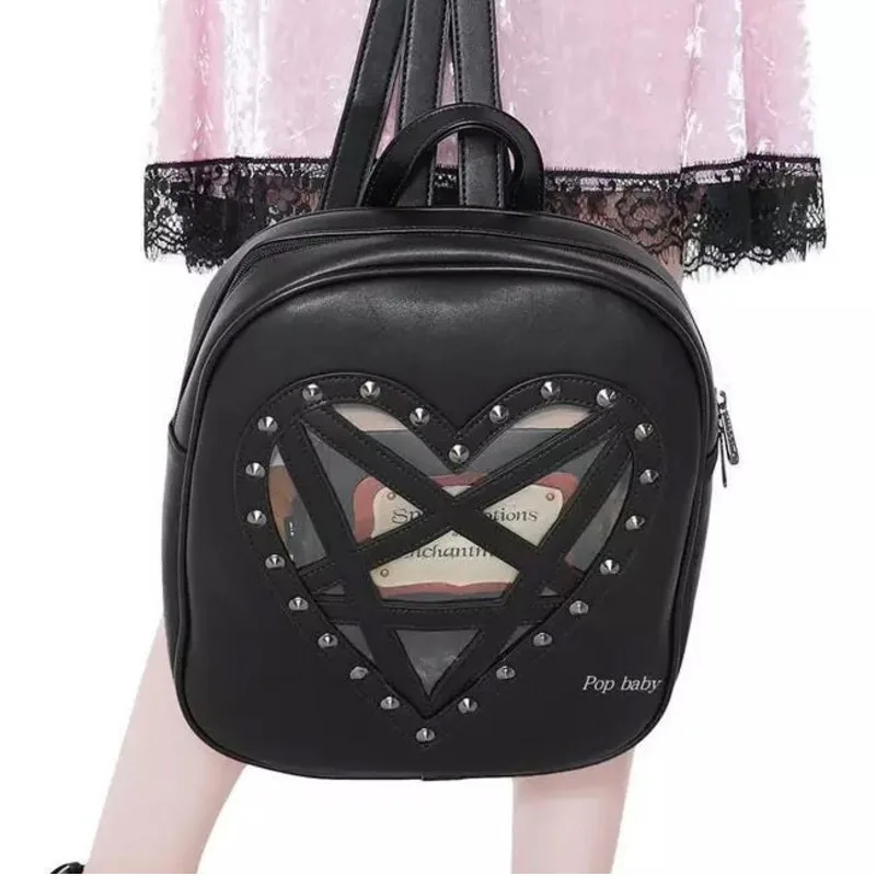 JIEROTYX Women Heart Shaped Backpack Gothic Pu Leather Rivet Punk Pentagram Medium Good Quality Black Casual Rock Bag On Sale