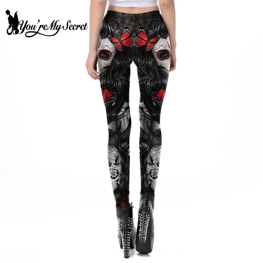 [You're My Secret] 2024 New Gothic Printed Leggings For Women Halloween Skull Sexy Legging Rose Pattern Fitness Workout Leggins