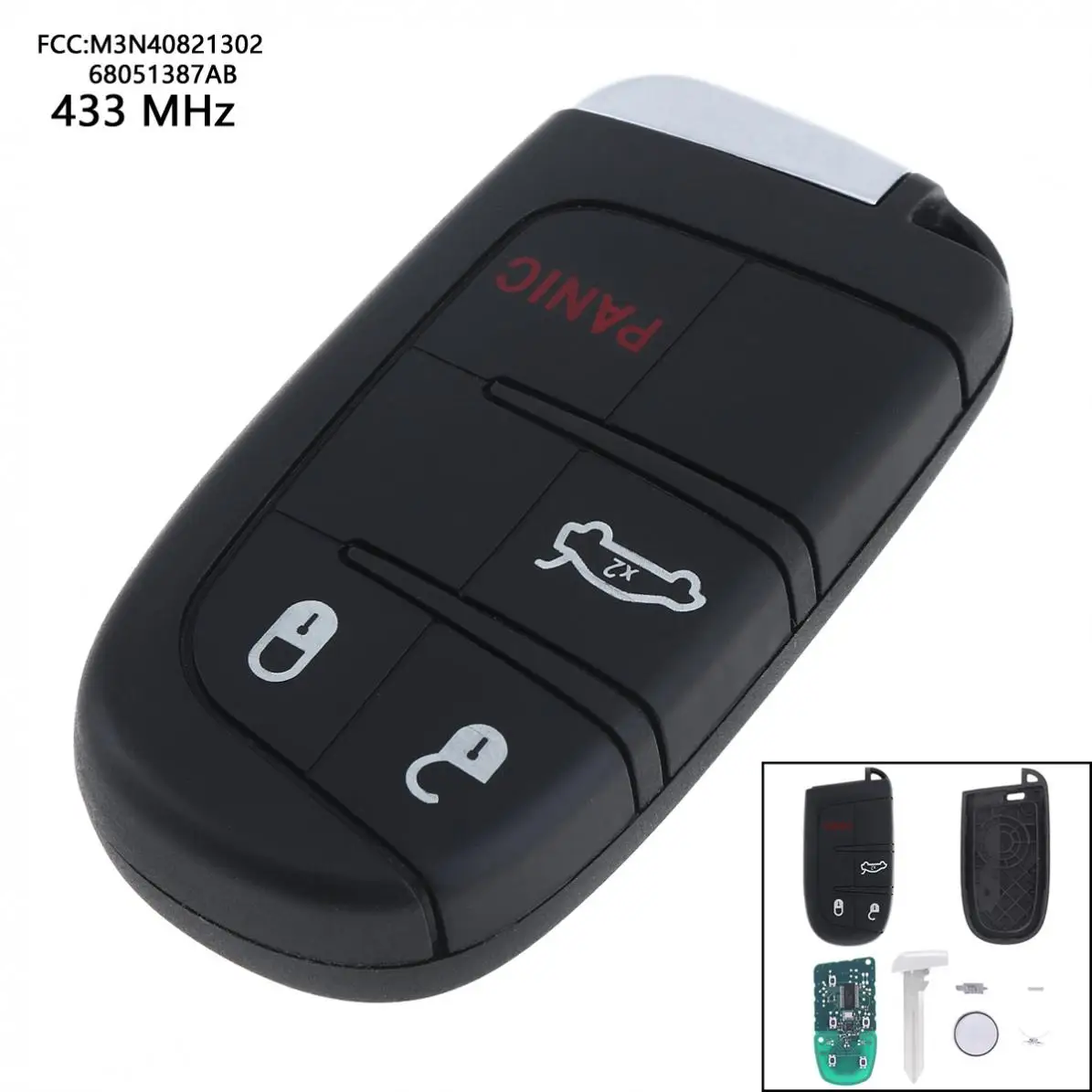 

433MHz 4 Buttons Keyless Uncut Flip Remote Key Fob Transmitter Push Start Fobik M3N40821302 68051387AB for Dodge