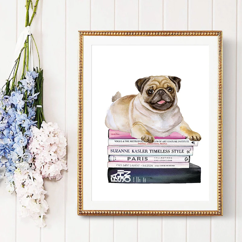 Fashion Art Books Stack Canvas Painting Pug Wall Picture Nordic Posters and Prints for Living Room Home Wall Decor