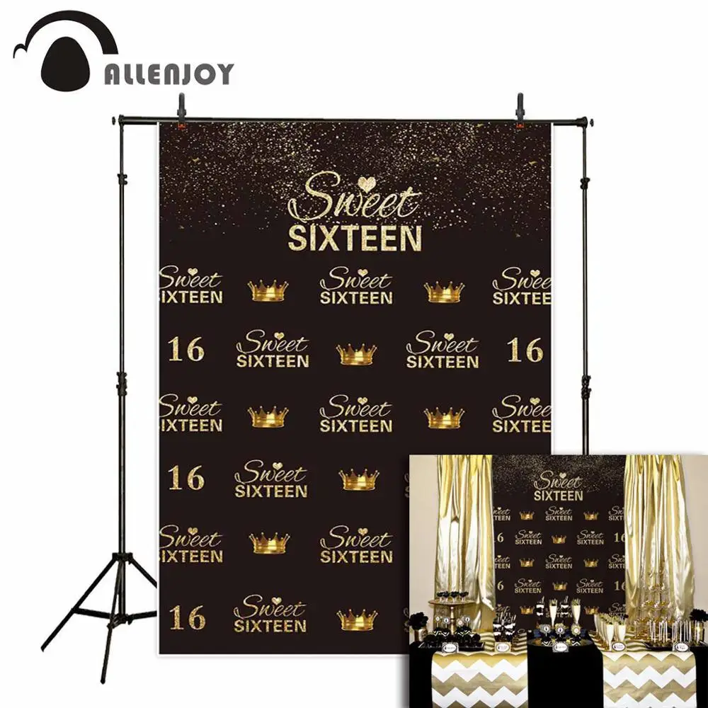 Allenjoy photography photo background gold glittler sweet sixteen crown repeat birthday backdrops photophone studio props