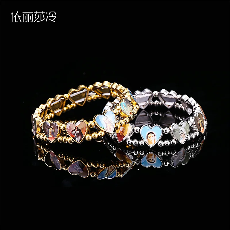 

Heart Shaped Alloy Bracelet Cross Jesus Virgin Mary Holy Wheel Bracelet Golden INRI Cross Jesus Cruz Bracelet Random Color Style