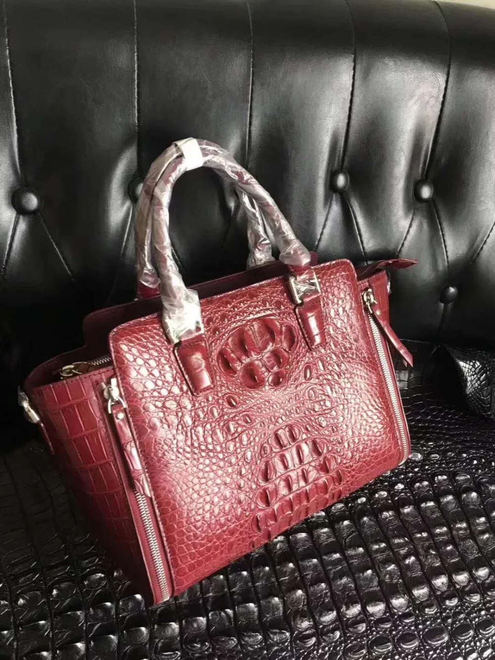 Top Luxury quality 100% genuine real shinny crocodile skin head leather women top handle tote bag with cow skin strap lady bag