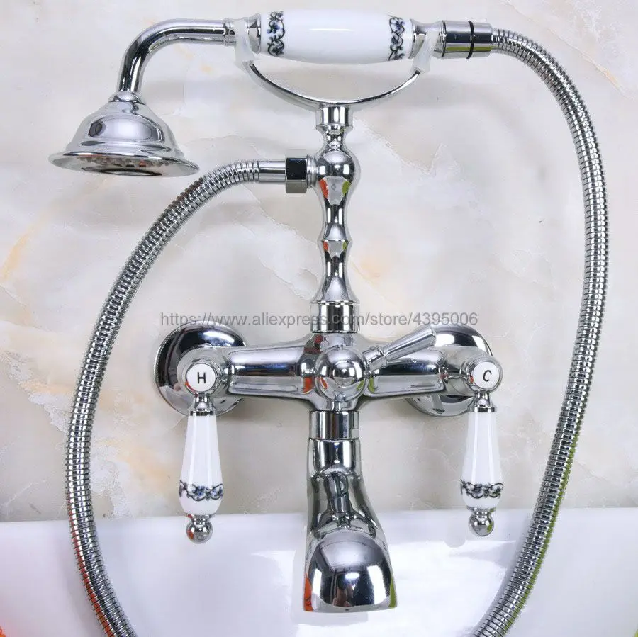 Chrome Brass Telephone Style Bathtub Faucet Wall Mounted Bath & Shower Mixer Taps Handheld Shower Set Bna204