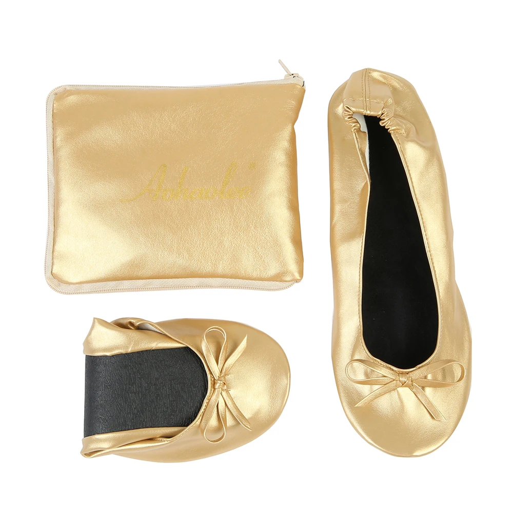 Gold Shoe Flats Portable Fold Up Ballerina Flat Shoes Roll Up Foldable Ballet After Party Shoe For Bridal Wedding Party Favor