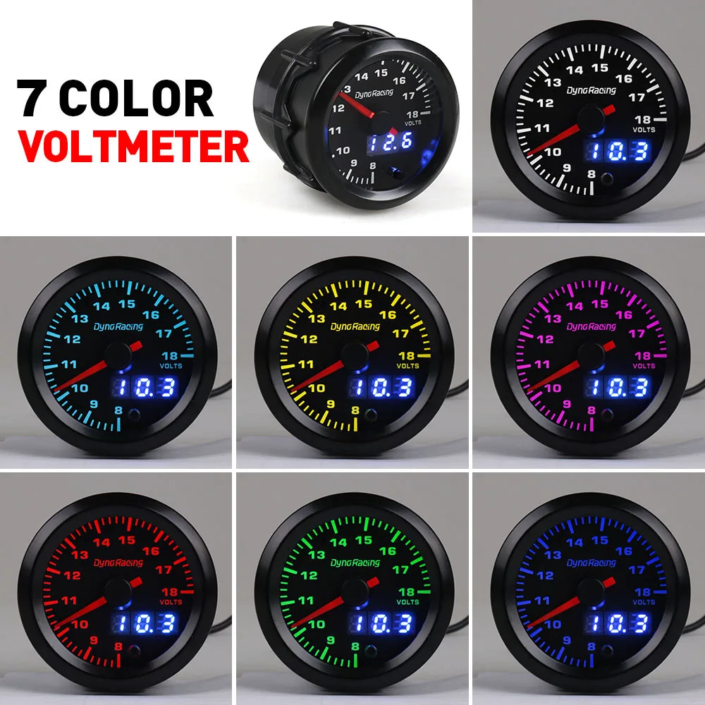 Dynoracing Dual Display 52MM 7 Colors Voltmeter Volt Gauge 8-18V Voltage gauge Car meter with stepper motor Car meter