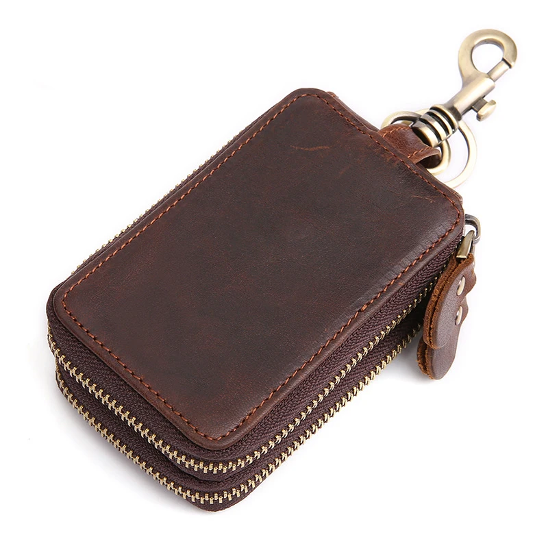 Unisex Car Key Bag Crazy Horse Cowhide Key Holder Multi Genuine Leather Covers Hook Housekeeper Keychain Double Zipper Key Bags