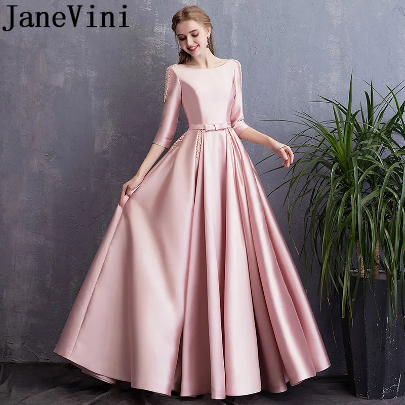 JaneVini 2019 Elegant Long Bridesmaid Dresses with Pockets Blush Pink Scoop Neck Pearls Satin A Line Backless Prom Party Gowns