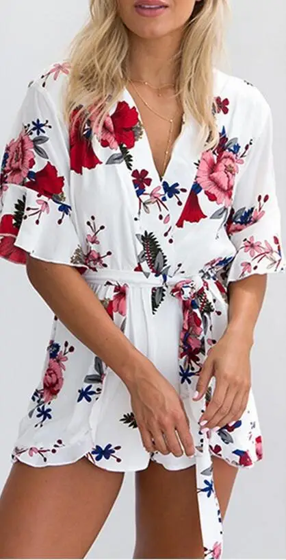 Bãi biển floral print sexy jumpsuit romper plasysuits v neck nửa Tay Áo bướm tay áo yếm Thời Trang Dạo Phố playsuit leotard