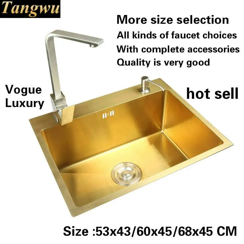 

Free shipping Standard kitchen manual sink single trough gold color food-grade 304 stainless steel hot sell 53x43/60x45/68x45 CM