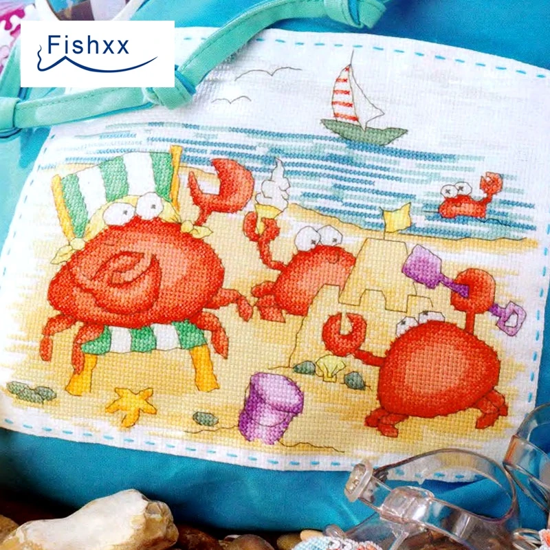 European style hand sewing Crazy113-2 Fishxx Cross Stitch Kit seaside vacation crab a cartoon scenery