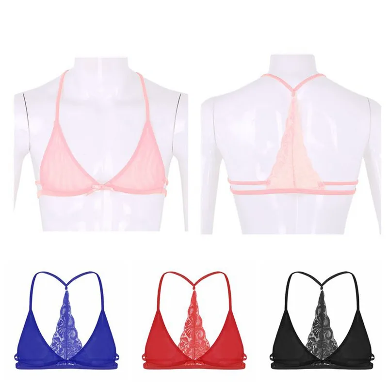 New Mens Sissy Bra Tops Lingerie Mesh See Through Sheer Lace Y-shape Back Bralette Bra Top Sexy Gay Male Underwear Nightwear