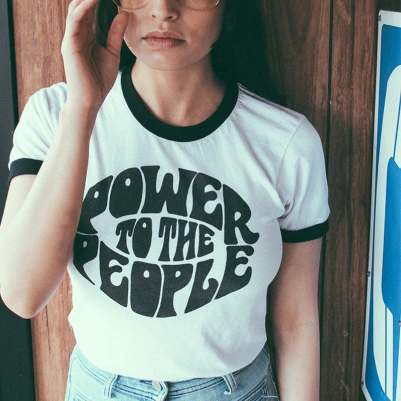 Sugarbaby Vintage Style Power To The People Slogan Fashion T-Shirt Women Summer Casual Ringer Tee Equality Shirt Justice T shirt