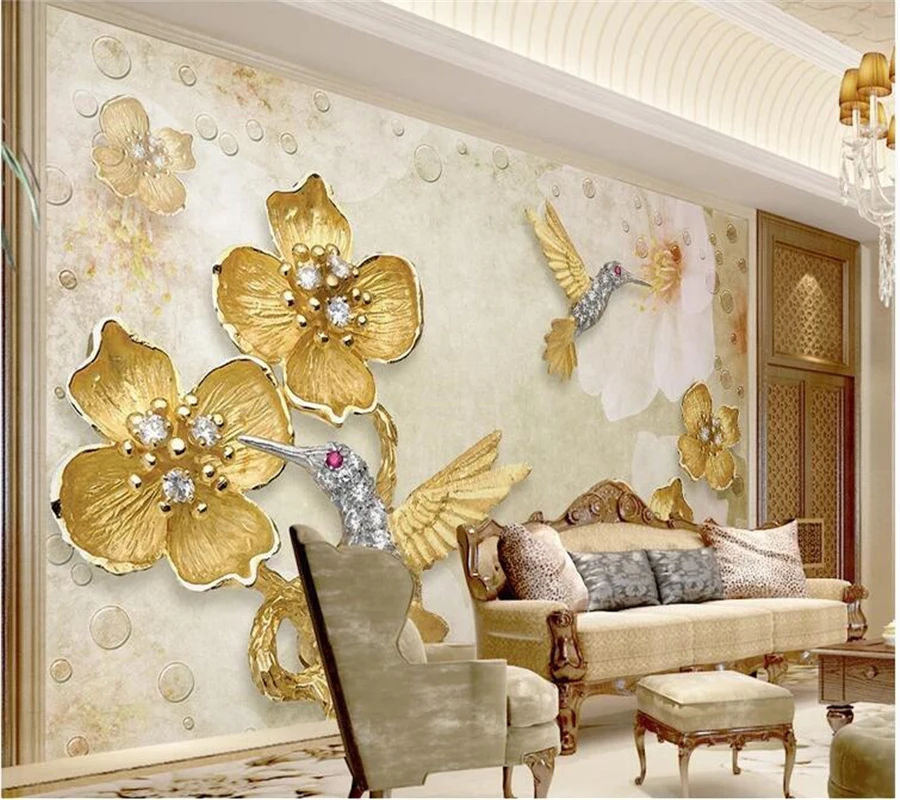 wellyu  wall papers home decor Custom wallpaper American country nostalgic gold carving plum bird 3d TV background wall 3d